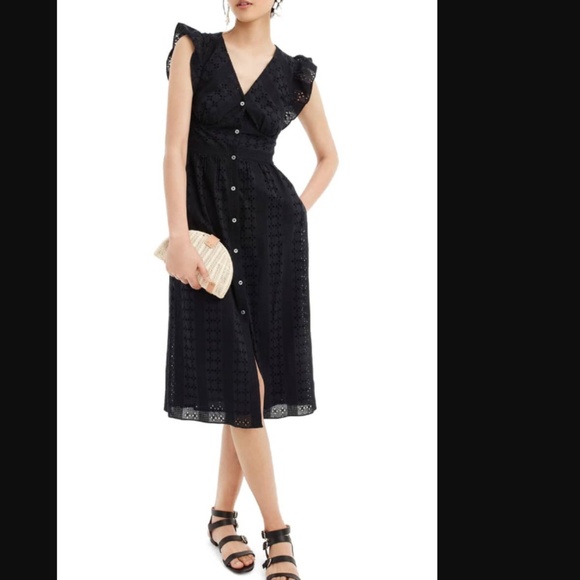 J.Crew Ruffle Sleeve Eyelet Dress Black Button - Picture 2 of 7